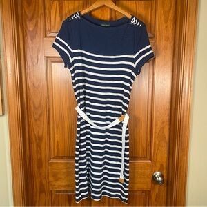 Lauren Ralph Lauren Blue and White Stripe Sheath Midi Dress Coastal w Waist Belt